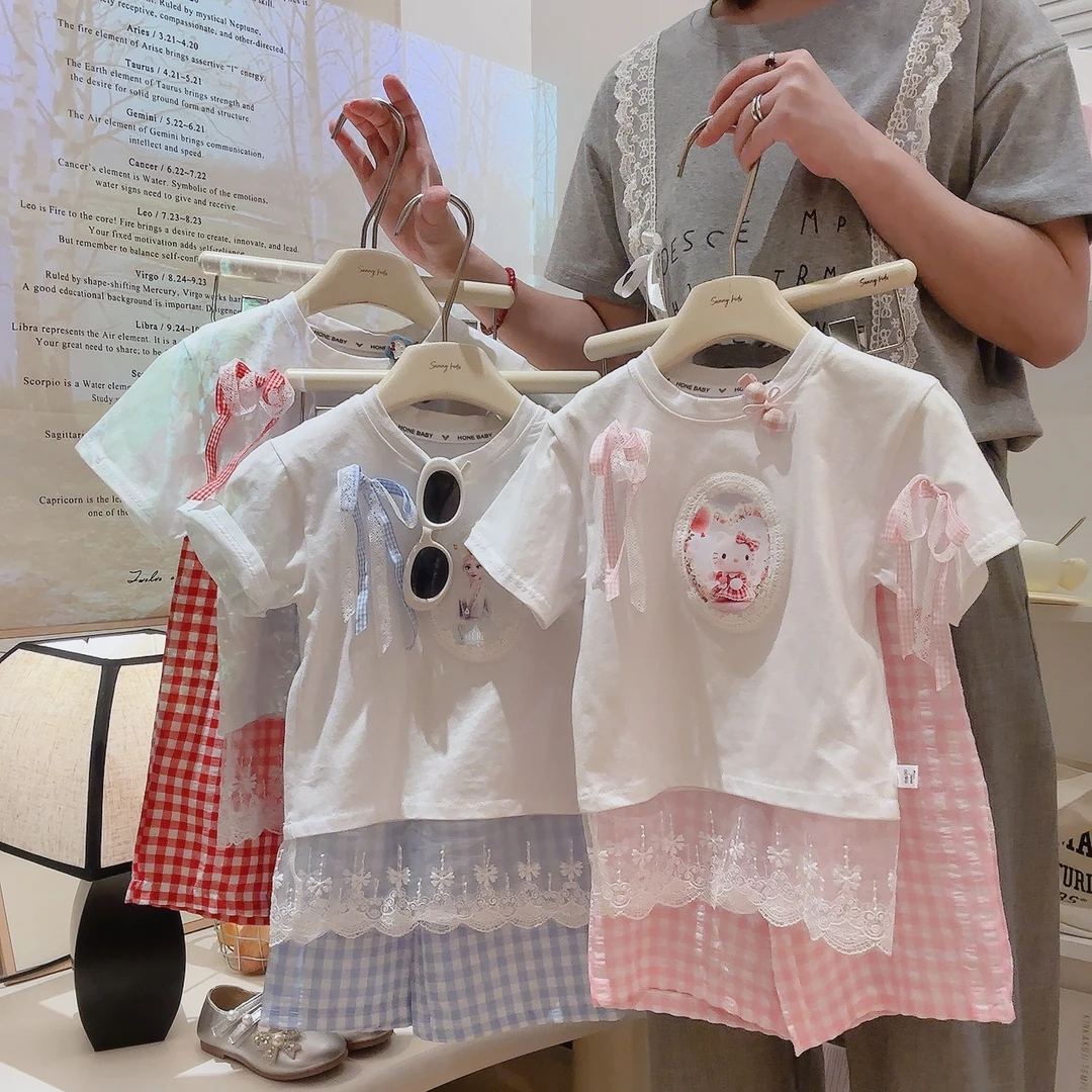 儿童短袖套装女童立体蝴蝶短袖T恤中大童格子裤女宝蕾丝花边上衣