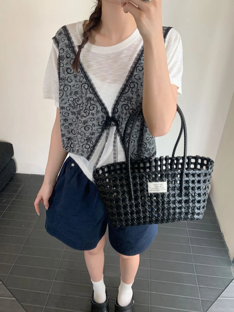 【素简.500163】夏季新款竹节麻提花马甲两件短袖女装上新针织衫