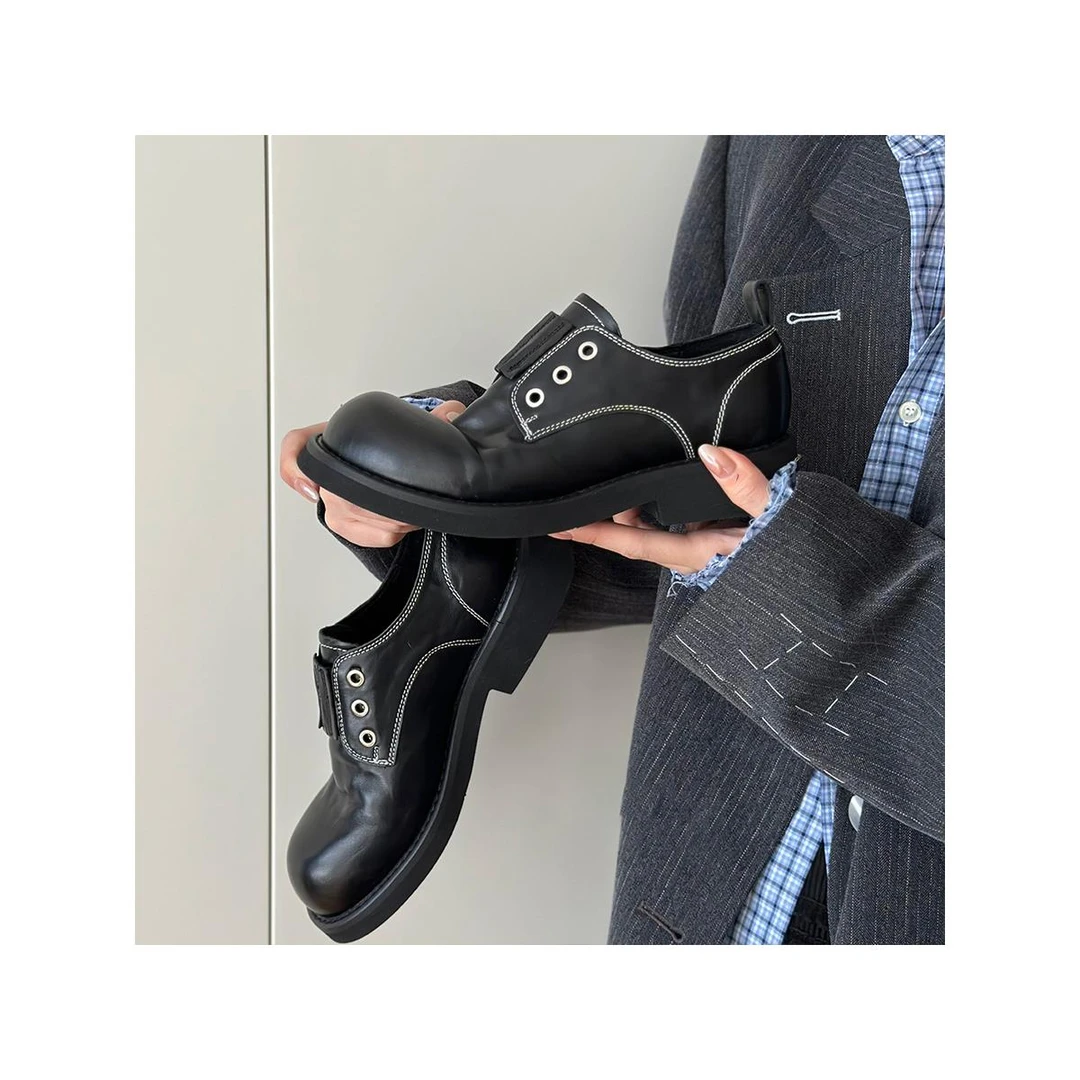 牛皮版真皮复古圆头小皮鞋女英伦风黑色粗跟软底舒适百搭乐福鞋潮