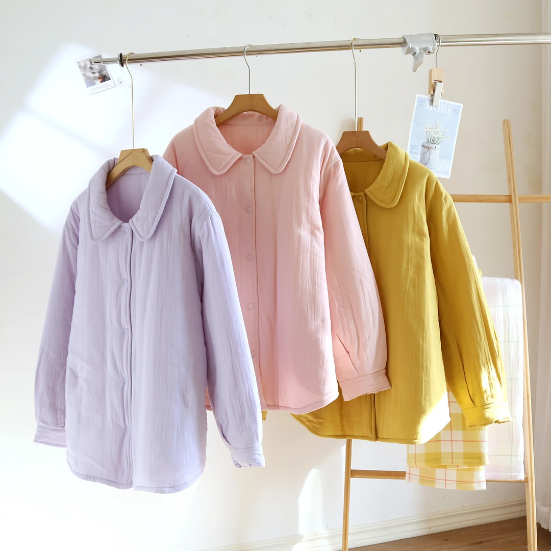 秋冬季三层夹棉纯棉纱布睡衣女冬季格纹保暖翻领成人男家居服套装