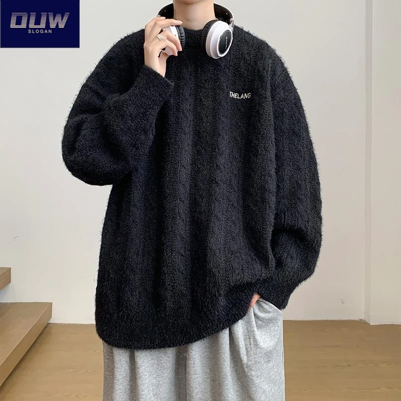 O.U.W黑色毛衣男士初秋慵懒风宽松青少年高级感针织衫2025新款ins