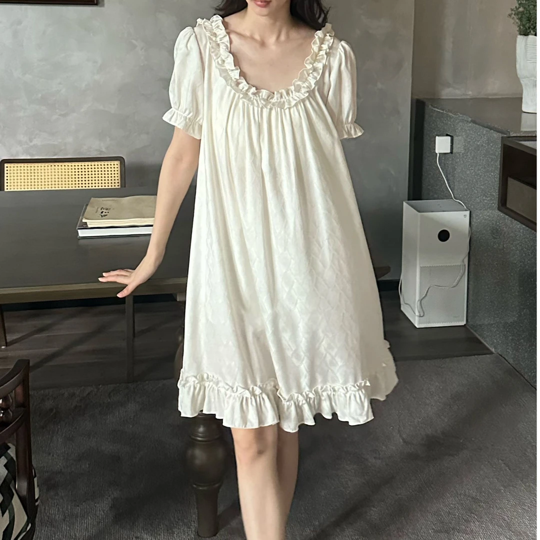 FT｜初恋白桔梗 100天丝法式木耳边夏季短袖洛丽塔带胸垫 外穿睡裙