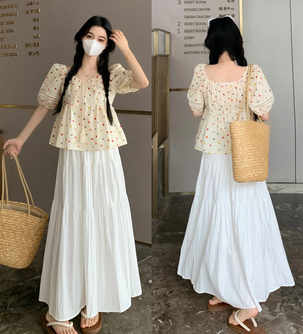 大码女装胖mm显瘦遮肚法式彩色波点衬衫+高腰半身裙两件套套装