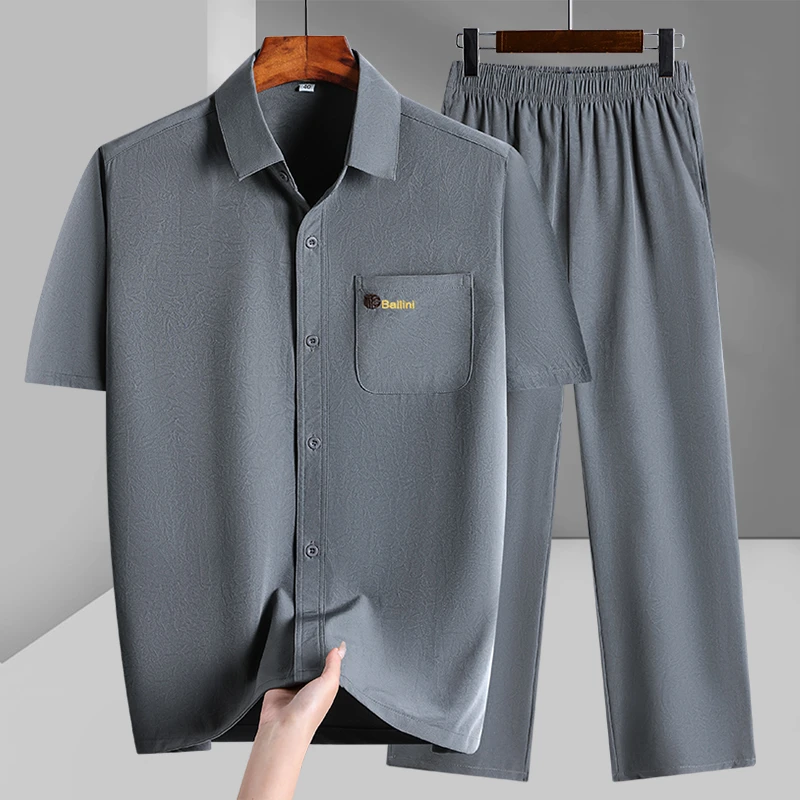 百力尼爸爸休闲两件套装冰丝爷爷衣服中老年人夏季方领短袖衬衫男