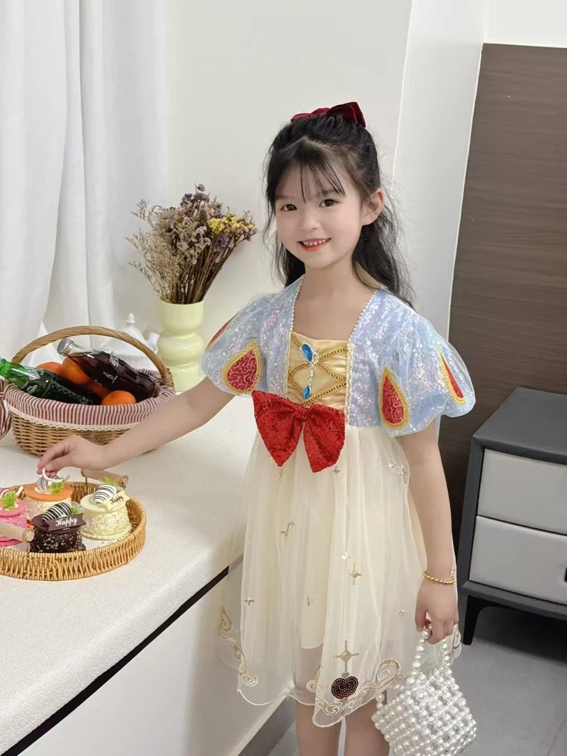 2025夏季网红款女童白雪公主连衣短袖儿童网纱公主蓬蓬裙女孩宝宝