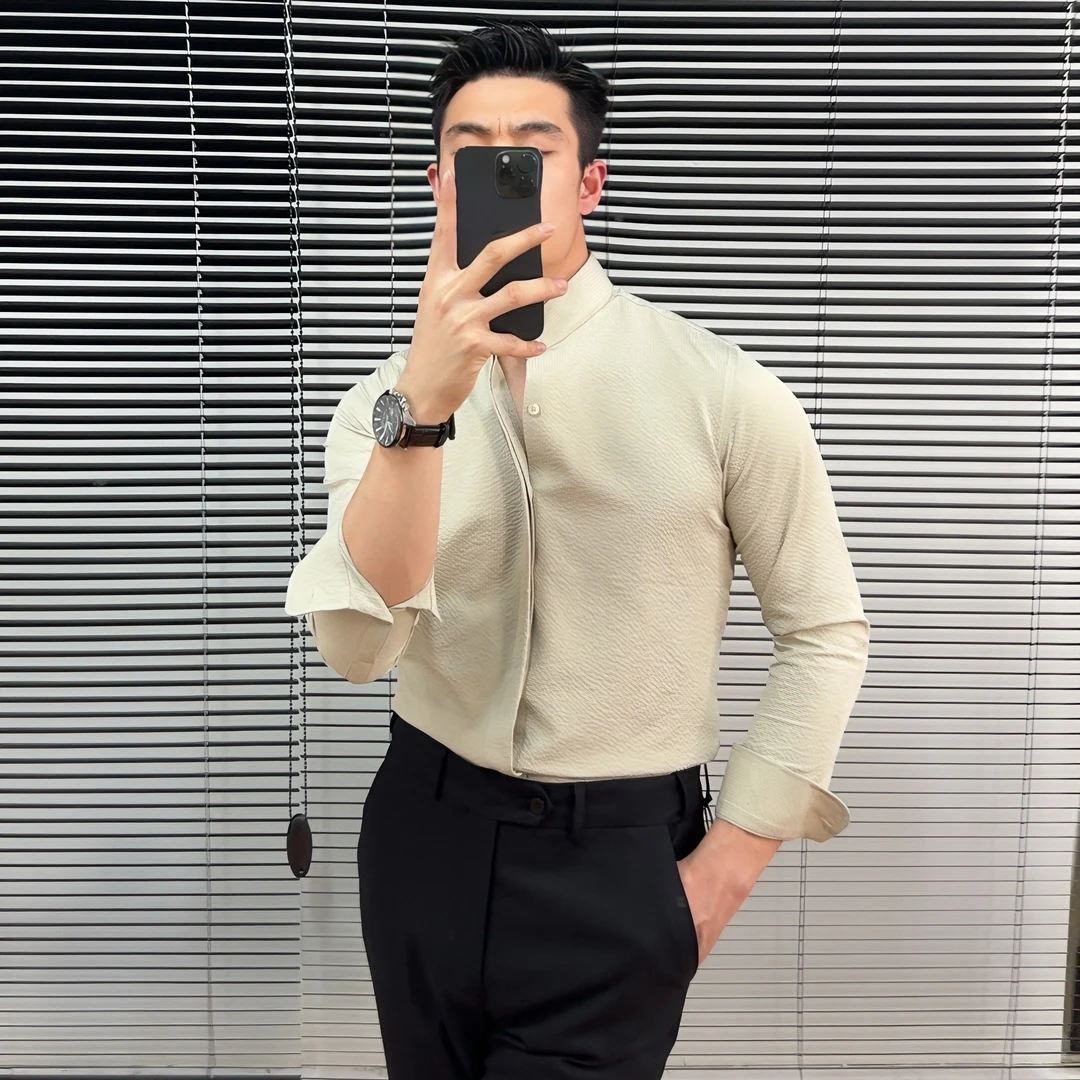 泡泡纱衬衫春季新款立领衬衫男男士长袖时尚痞帅修身潮流男装衬衣