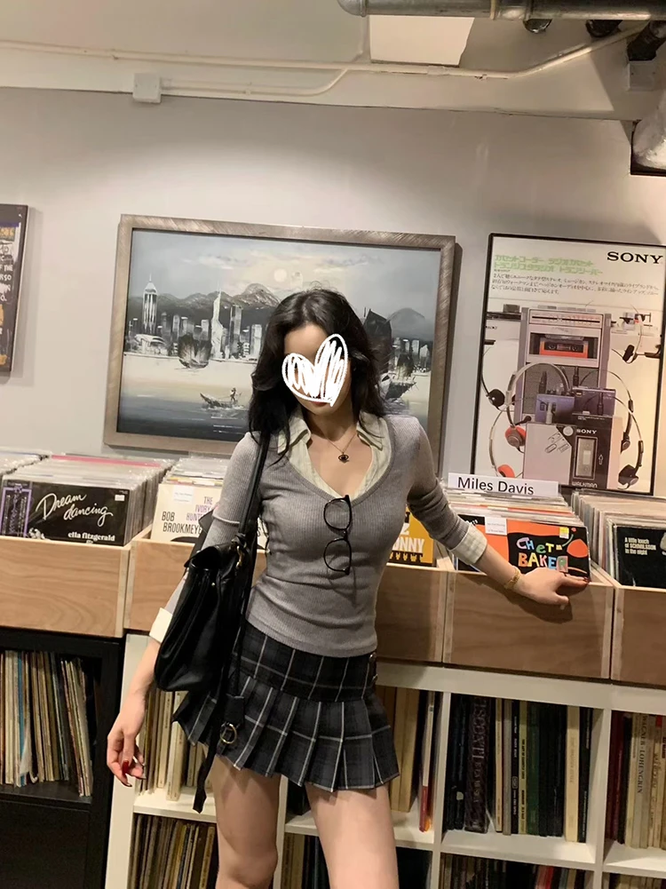 纯欲风拼接假两件设计感收腰性感辣妹针织秋冬内搭轻熟上衣