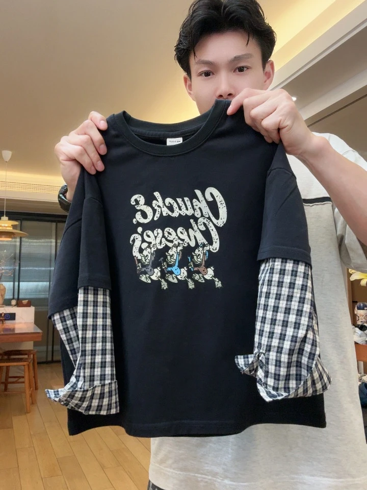 儿童帅气假两件长袖2025秋季男女童韩版卫衣痞帅个性潮牌上衣T恤