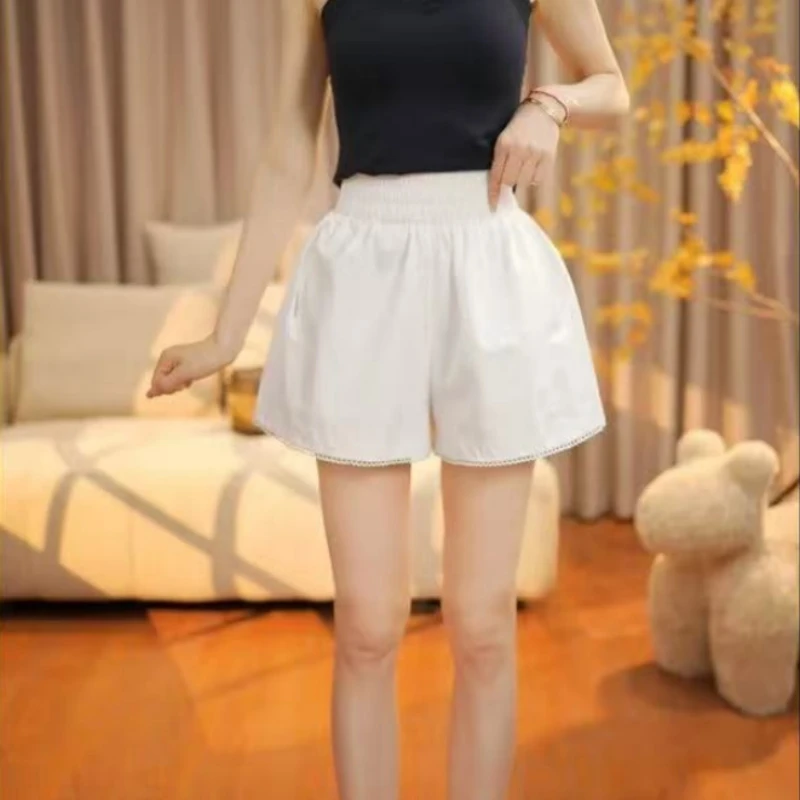 蕾丝花边松紧高腰短裤夏季新款宽松显瘦外穿休闲时尚百搭a字短裤