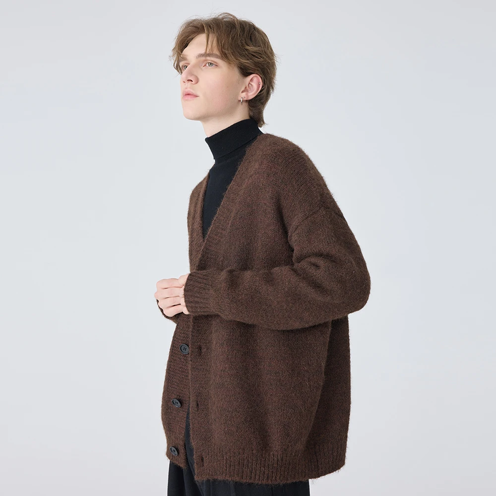 V领开衫毛衣男春秋季日系复古慵懒风焦糖色宽松外穿针织衫外套男