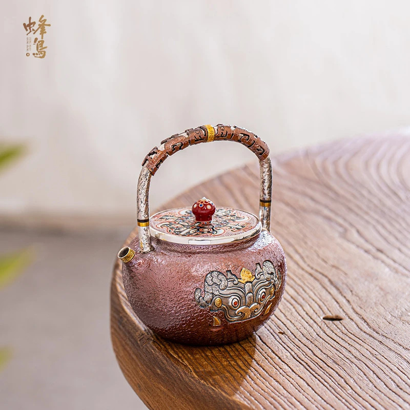 蜂鸟工坊 傳家 铜包银隔热把兽纹提梁瑞兽铜包银小壶 SWA3288