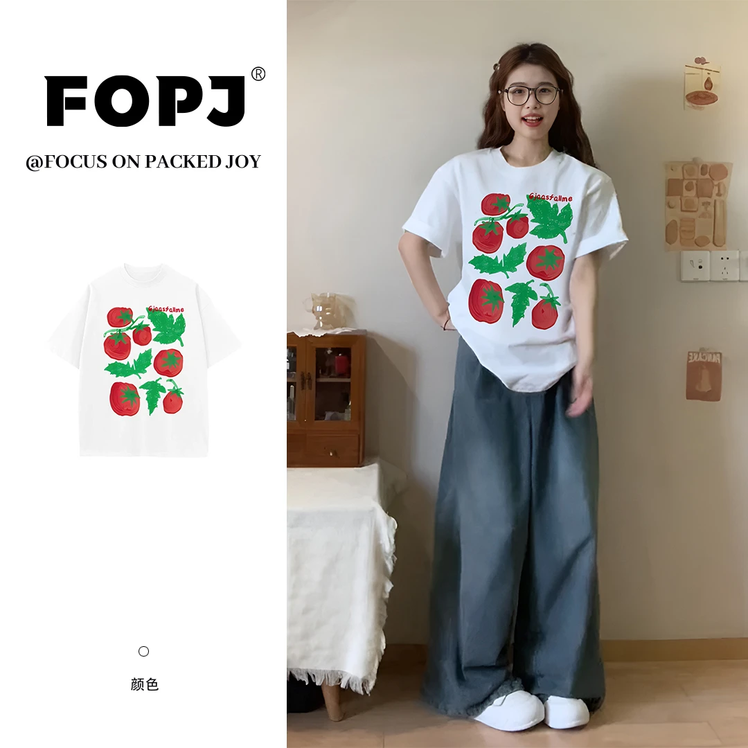 FOPJ夏季新款穿搭学院风西红柿印花短袖t恤ins小众设计感休闲上衣