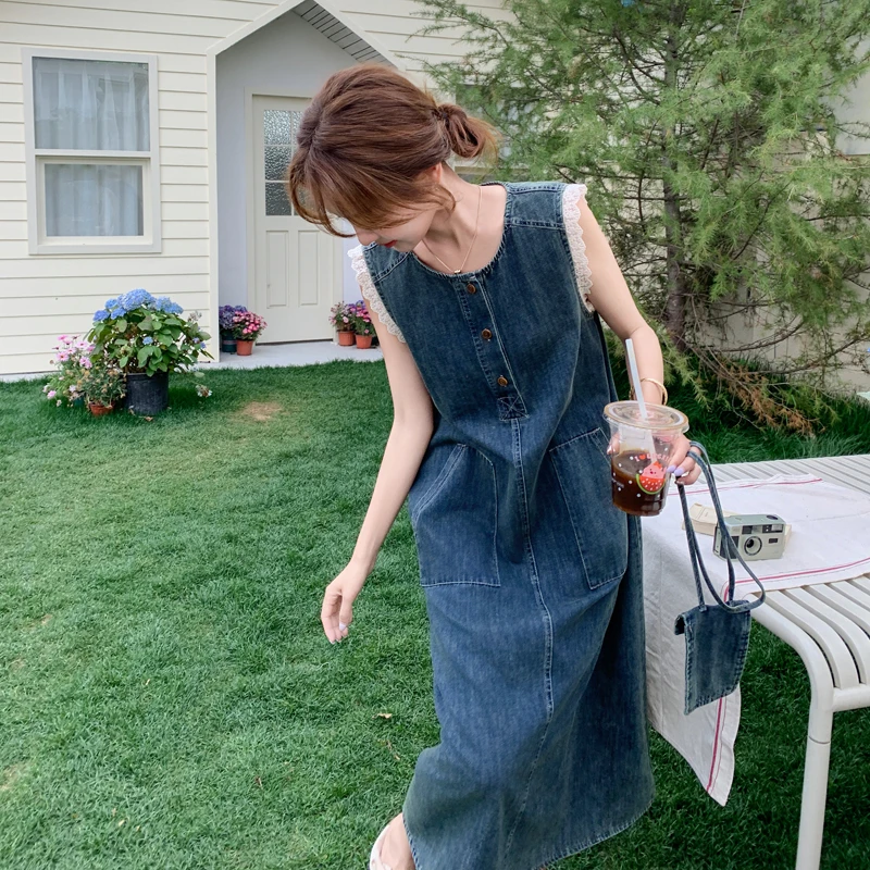 蕾丝小飞袖牛仔无袖连衣裙女2025夏季宽松显瘦气质巨牛仔短袖外套