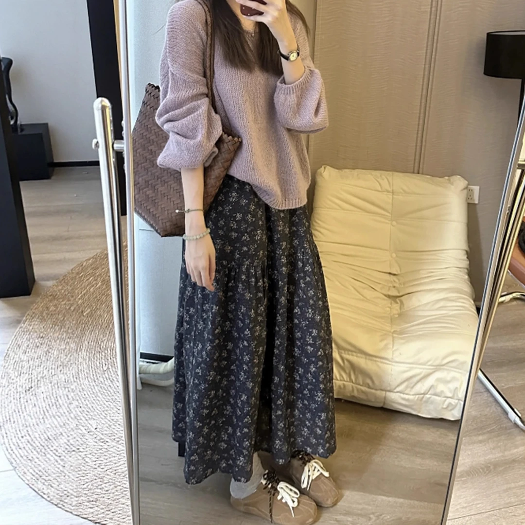 巨好看的半身裙秋新款大码胖mm显瘦梨型身材遮胯a字碎花裙中长款