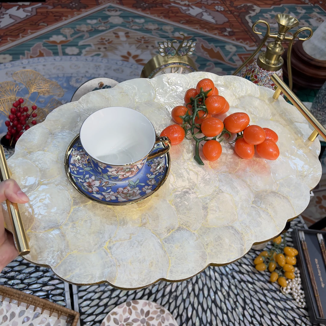 三号店-【金色云朵盘】黄金蝶贝手提制作贝壳镶嵌收纳篮48*33cm