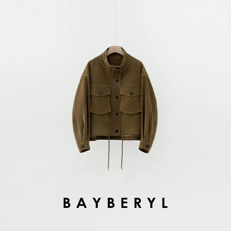 Z6-老贝橄榄绿立领抽绳下摆双口袋皮衣PY5A1041