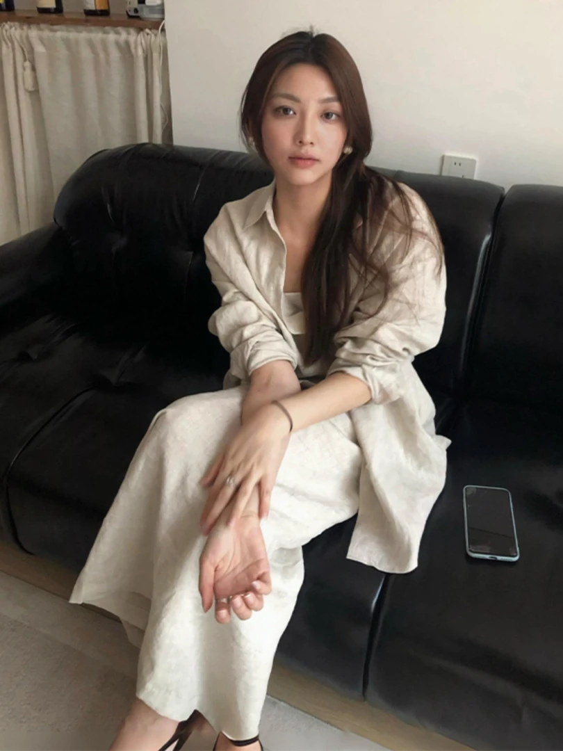 老钱风亚麻套装女夏季松弛感休闲宽松度假防晒衣衬衫半身裙两件套