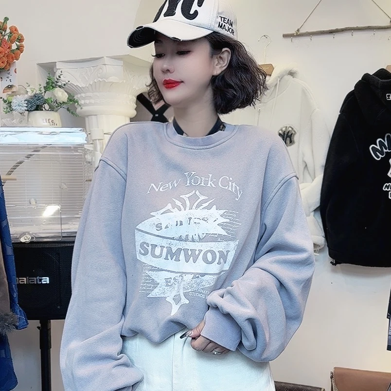 Q25 101308 韩版刺绣字母圆领套头卫衣女宽松慵懒新款上衣