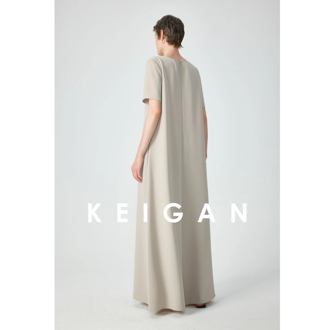 KEIGAN/开间日本进口三醋酸双面乱麻ROW显瘦短袖A摆纸片人连衣裙