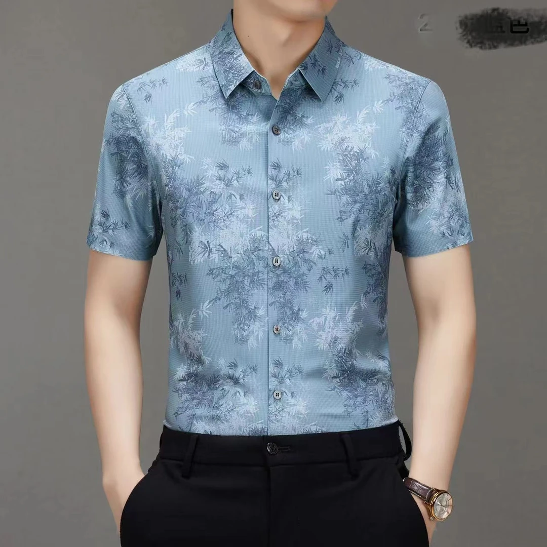 72水青兰富贵竹冰丝衬衫短袖中年男士商务休闲时尚薄款无痕职业