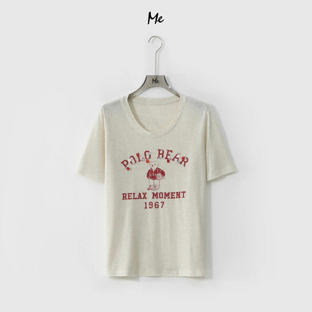 ME【小熊亮片T】天丝亚麻混纺奢牌感显瘦时尚百搭印花T恤MESS5143