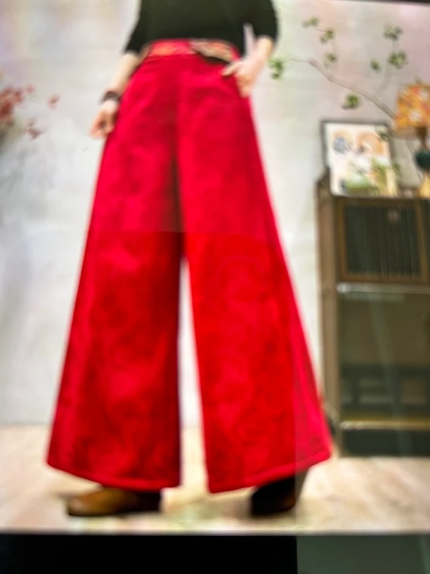 冬款民族风复古原创重工刺绣加绒阔腿裤