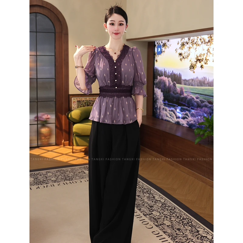 2025夏季新款【H-X362】小众法式高级感蕾丝洒金紫色短袖衬衫上衣女