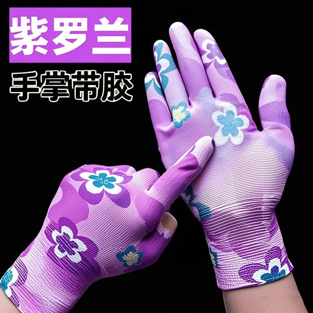 正品印花涂掌劳保耐磨花色涂掌带胶手套薄款PU尼龙防晒手工作干活