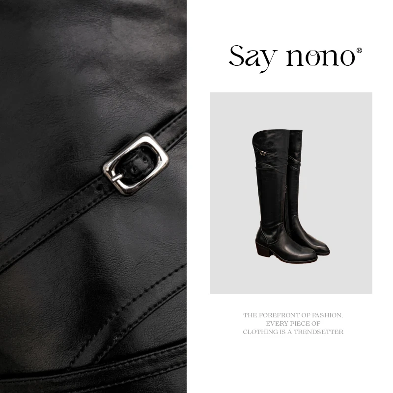Say  nono  过膝高筒粗跟简约修饰腿型日常复古时装靴5cm
