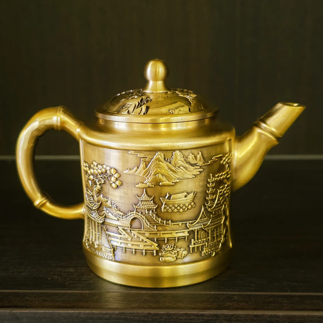 新款黄铜山水壶竹节茶壶摆件家居办公室茶壶桌面装饰黄铜工艺品