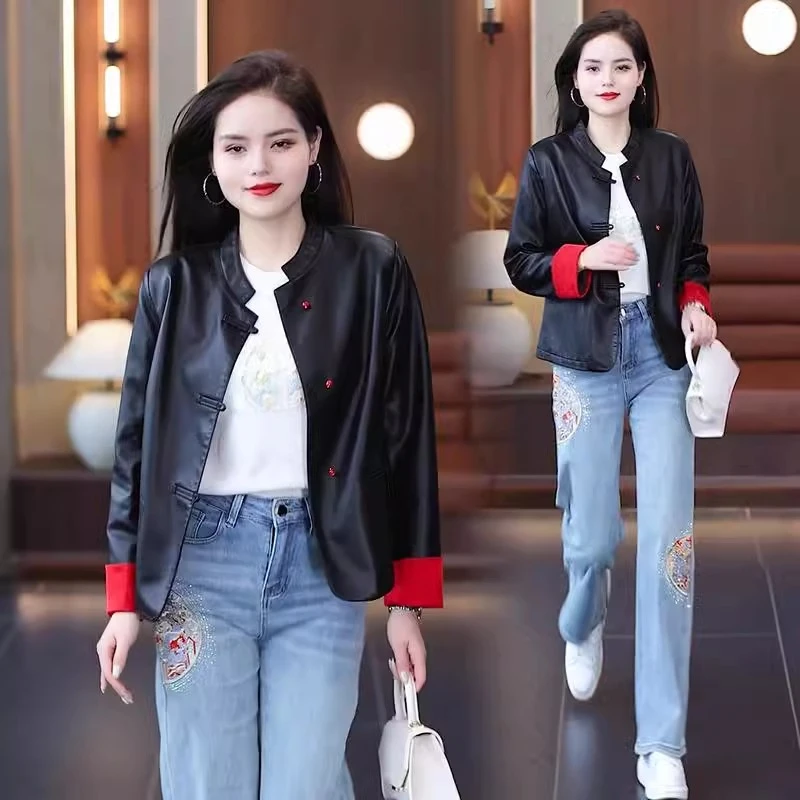 新中式国风盘扣短款皮衣外套女春季新款小个子设计感洋气PU皮夹克