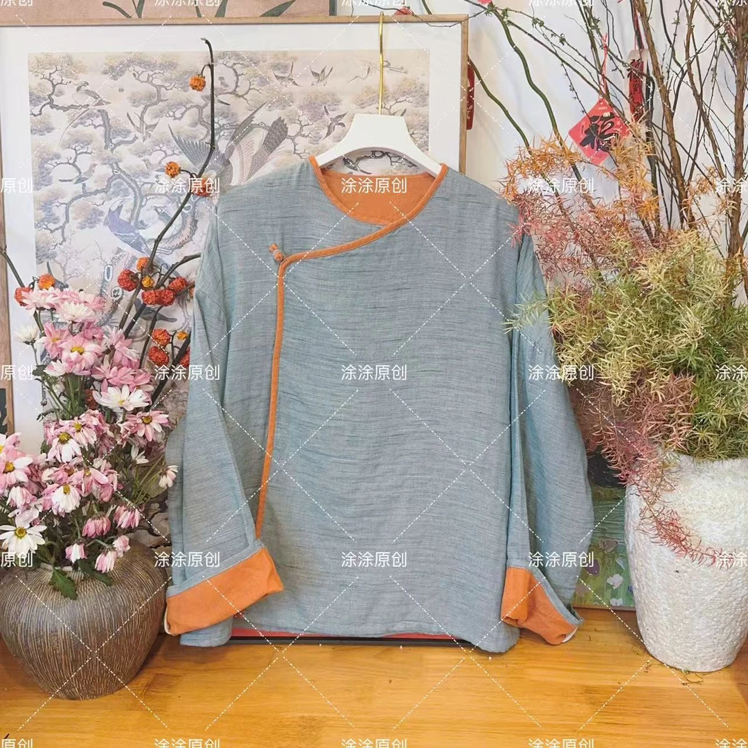 涂涂国风【禅意双色布】春款上新原创设计中式斜襟盘扣色织棉小衫