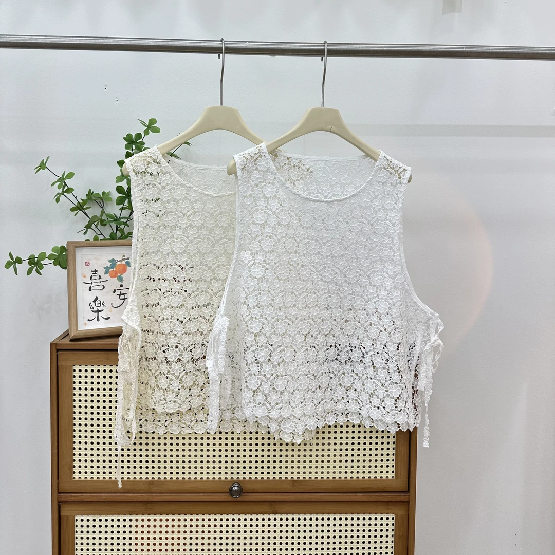 春季新款重工镂空系带仙女风无袖马甲蕾丝时尚