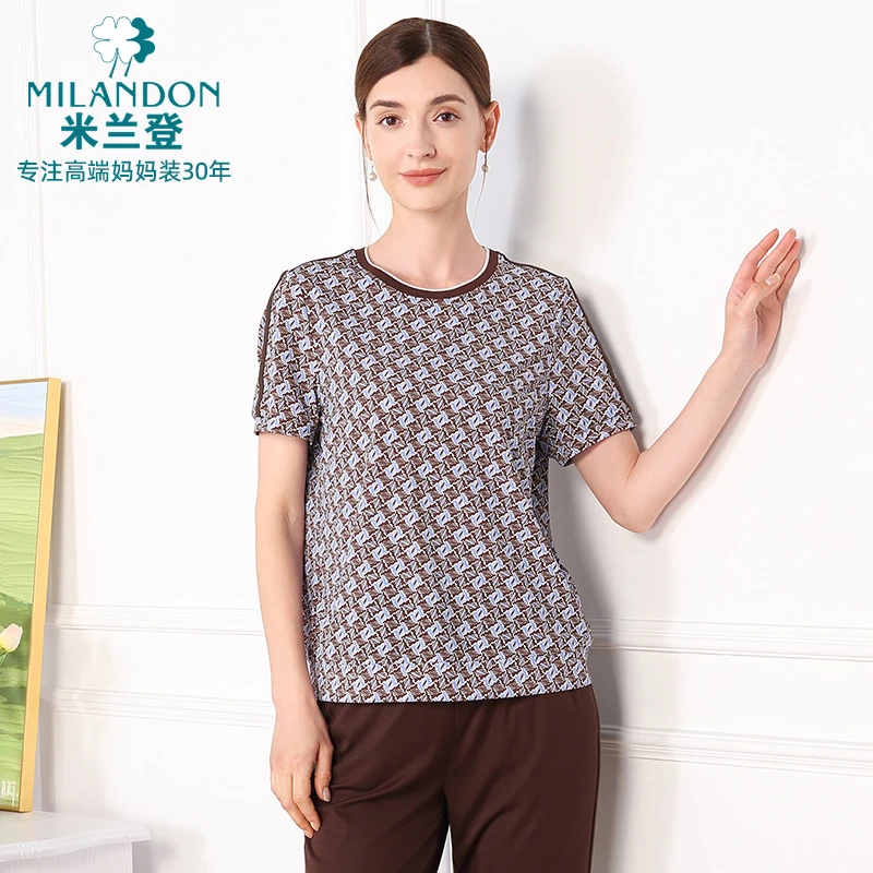MILANDON/米兰登夏季短袖圆领印花T恤新款宽松碎花上衣3Q2T1121X