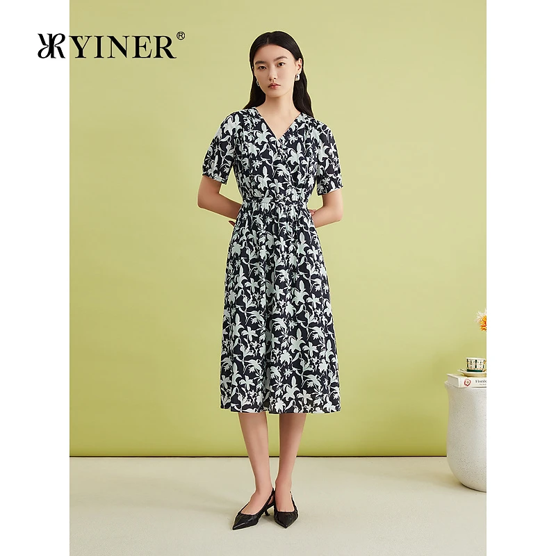 【叮铃剪影】YINER音儿专选夏季法式V领印花桑蚕丝连衣裙