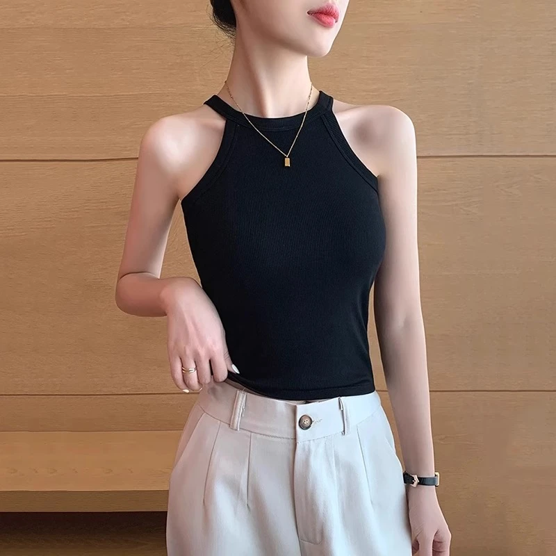 挂脖吊带背心T恤女内搭2025新款辣妹一体式带胸垫美背外穿上衣夏