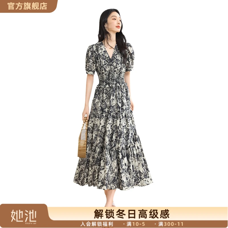 她池V领连衣裙2025夏装新款女装高腰中长款短袖碎花裙T52Z1542L
