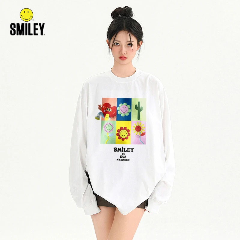 SMILEY情侣款圆领花卉印花长袖T恤