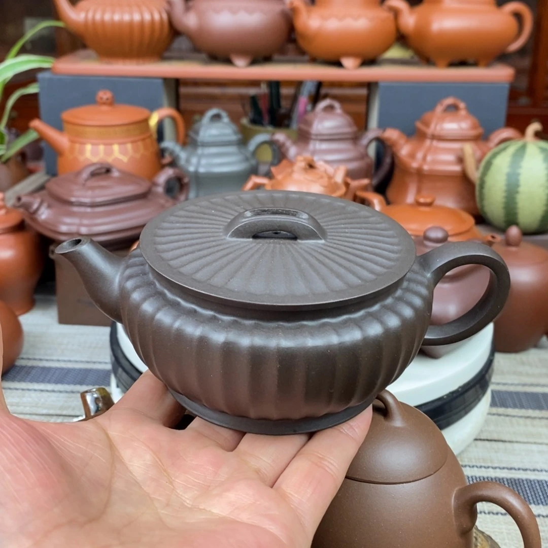 紫砂茶壶筋纹汉瓦260cc原矿黑料