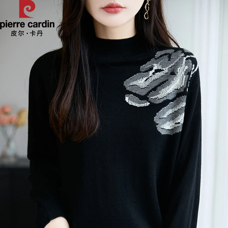 皮尔卡丹新款时尚半高领印花针织衫百搭套头打底衫通勤上衣女秋冬