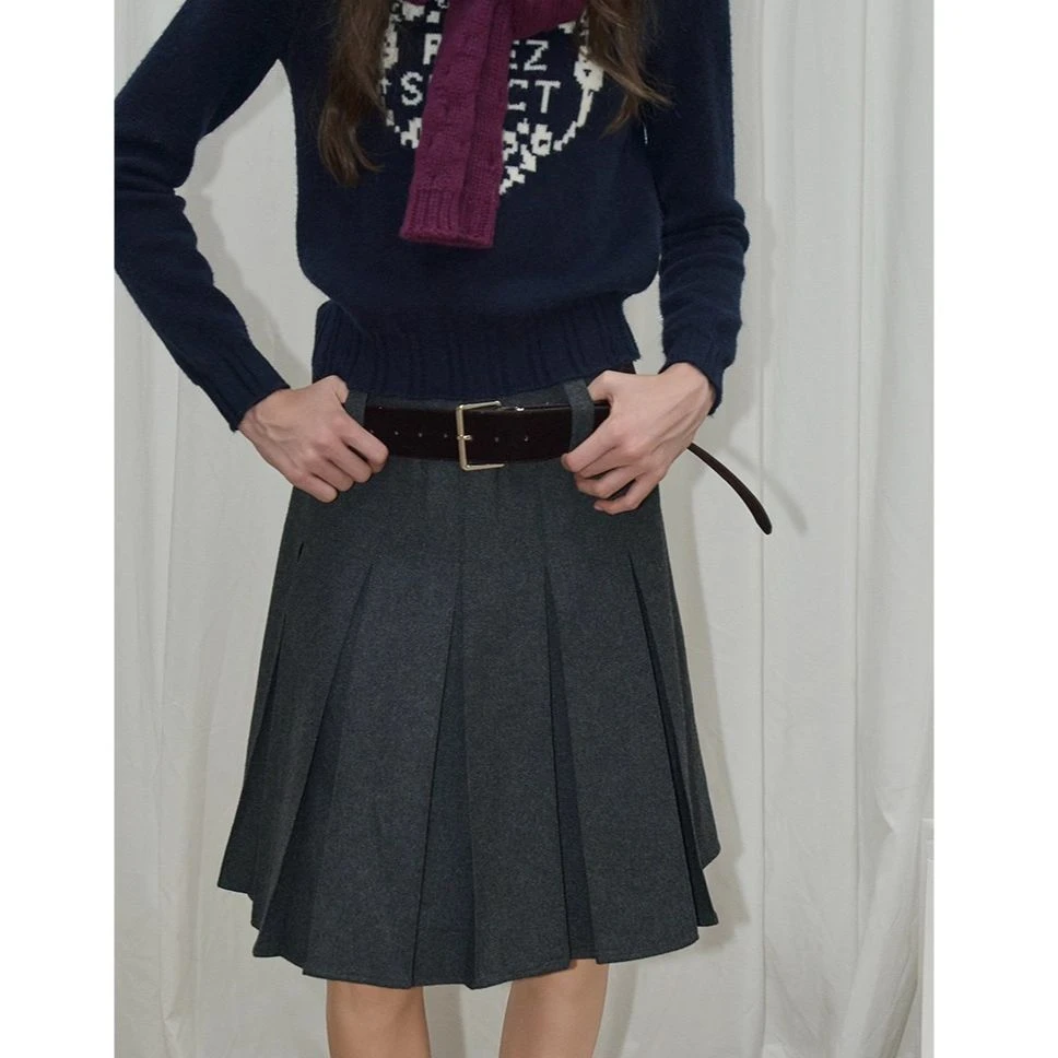 relez 50%羊毛纯色毛呢半身裙韩系简约小众休闲百褶裙