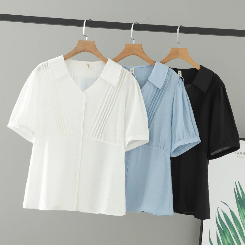 胖mm夏装新款加肥加大码女装褶皱拼接翻领泡泡袖衬衫200斤女衬衣