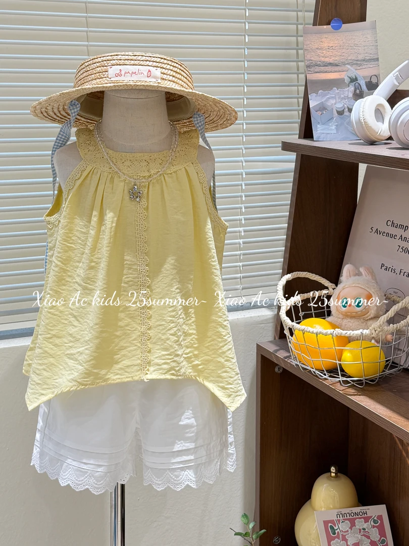 2025夏季女童新韩系时髦花边不规则背心衬衫女宝百搭休闲纯色短裤