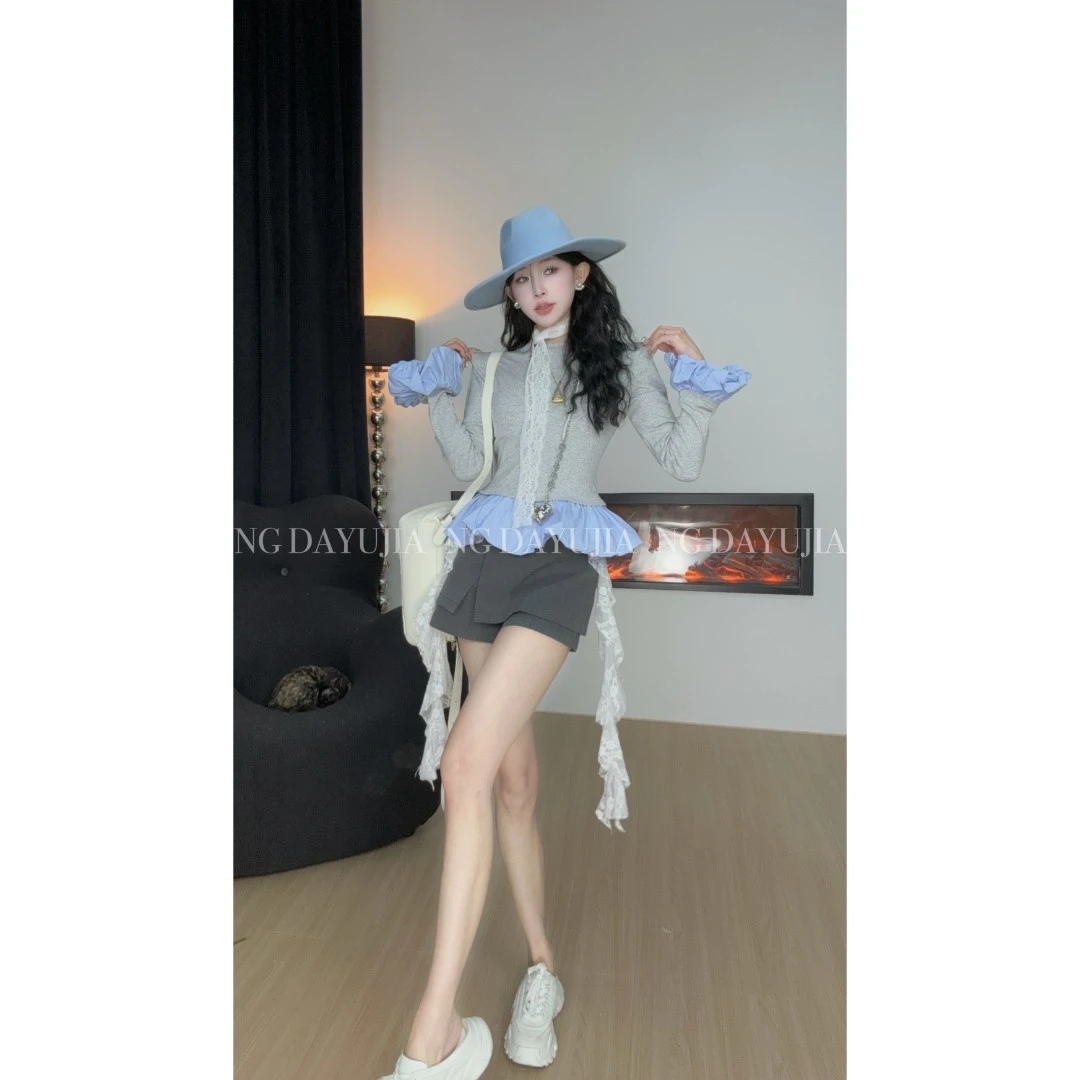NG DAYU【雾中少女号】自制收腰撞色花苞打底衫/不规则西装裙裤