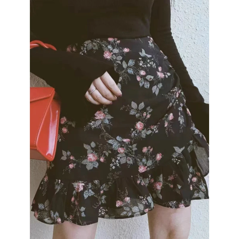 新款高腰雪纺半身短裙都市气质复古花朵胖大码遮肉荷叶边不对称