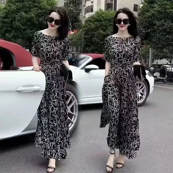 【气质范专属】夏季款字母印花连衣裙女时尚气质收腰显瘦A字裙长裙