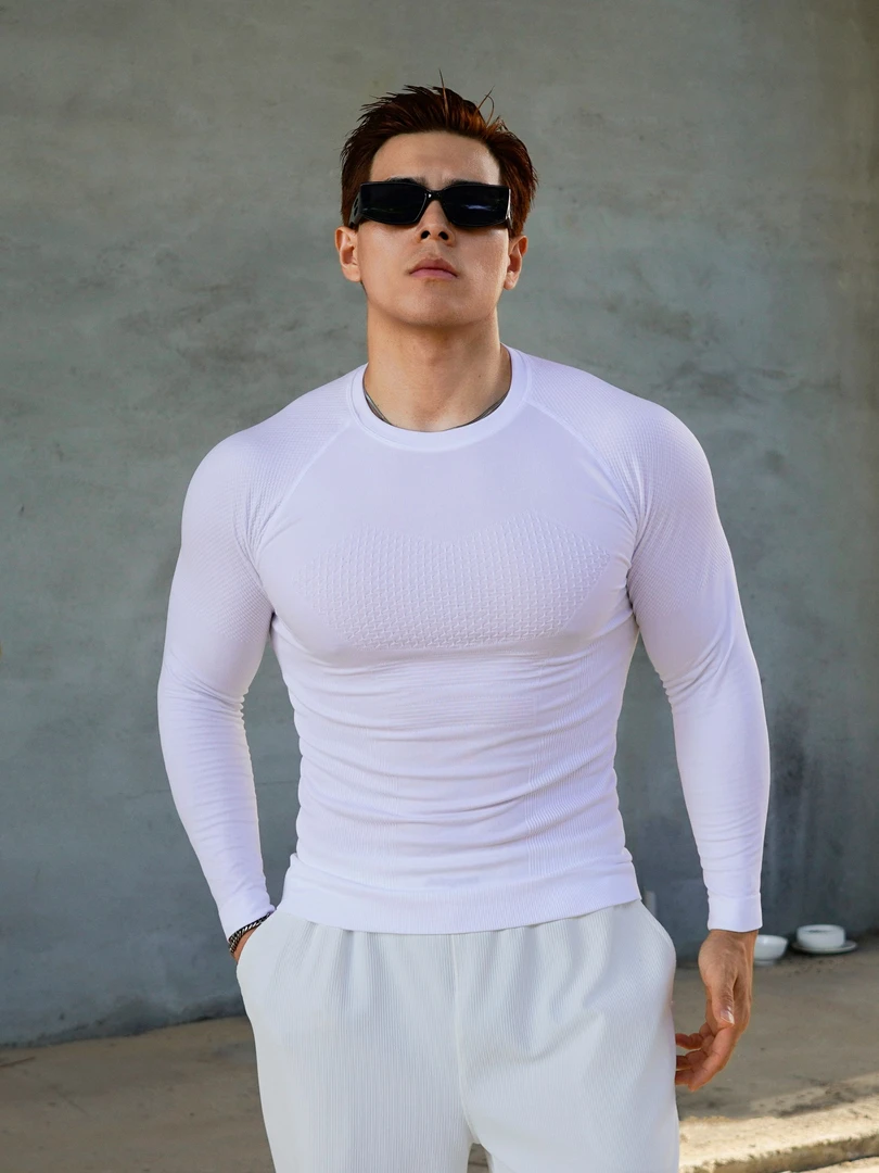 无缝厚款秋冬弹力健身服男运动长袖跑步训练透气速干吸汗打底T恤