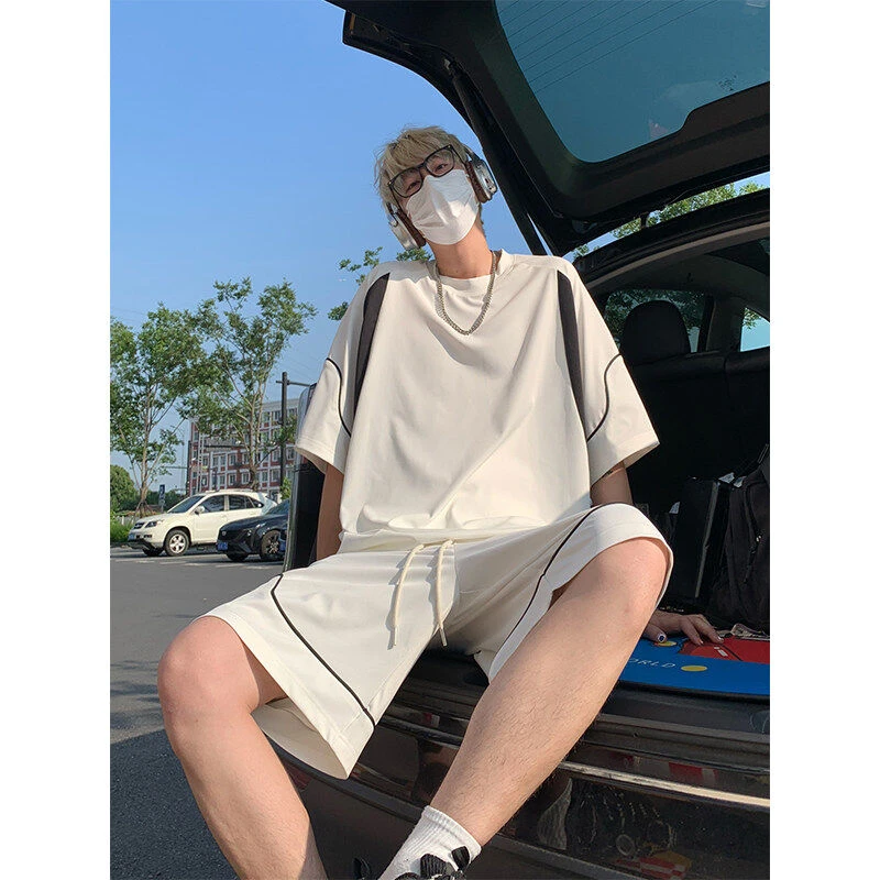 撞色拼接短袖T恤套装男酷帅穿搭速干短裤夏季薄款透气运动两件套