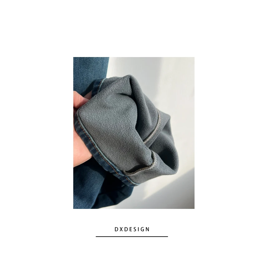 重工洗水工艺土耳其棉混纺直筒牛仔裤女 冬季加厚植绒窄版阔腿裤