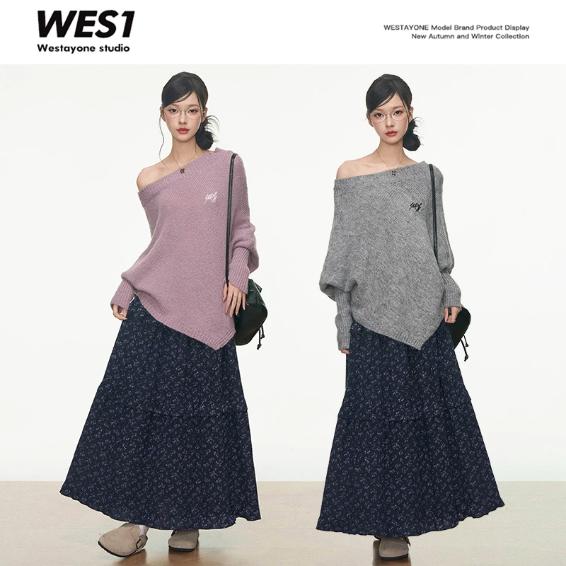 7.20 新品 WESTAYONE斜肩毛衣上衣女宽松慵懒+碎花半身长裙小个子